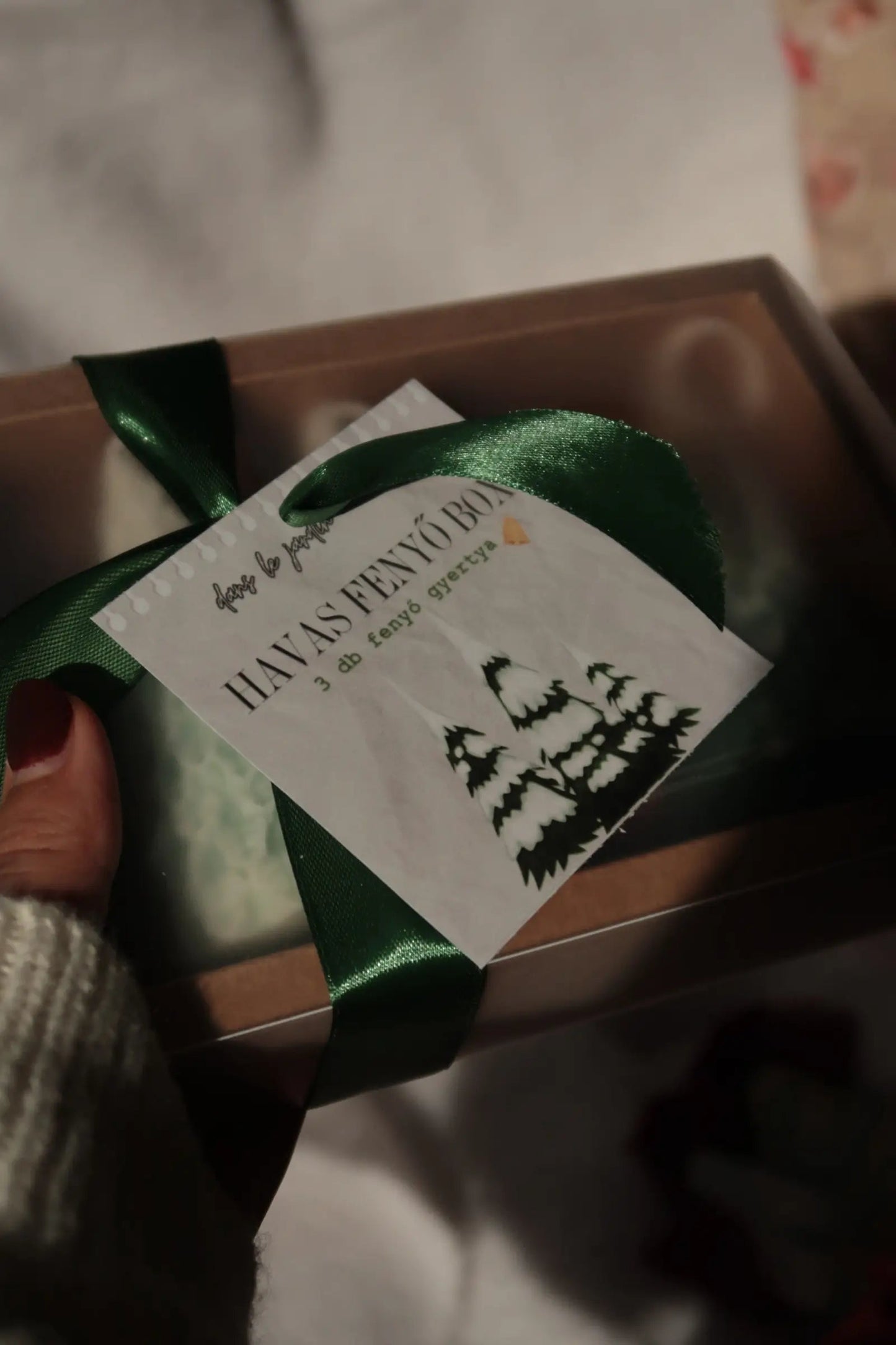 Havas fenyők gyertya ajándékdoboz dans le jardin.