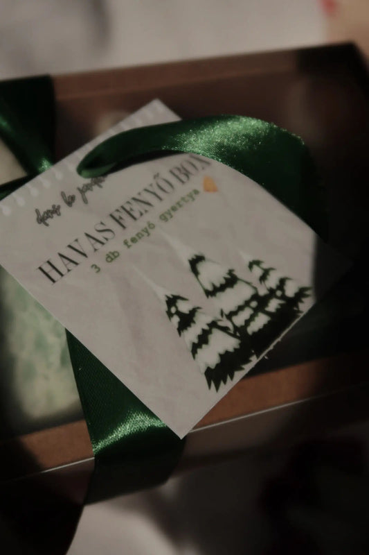 Havas fenyők gyertya ajándékdoboz dans le jardin.