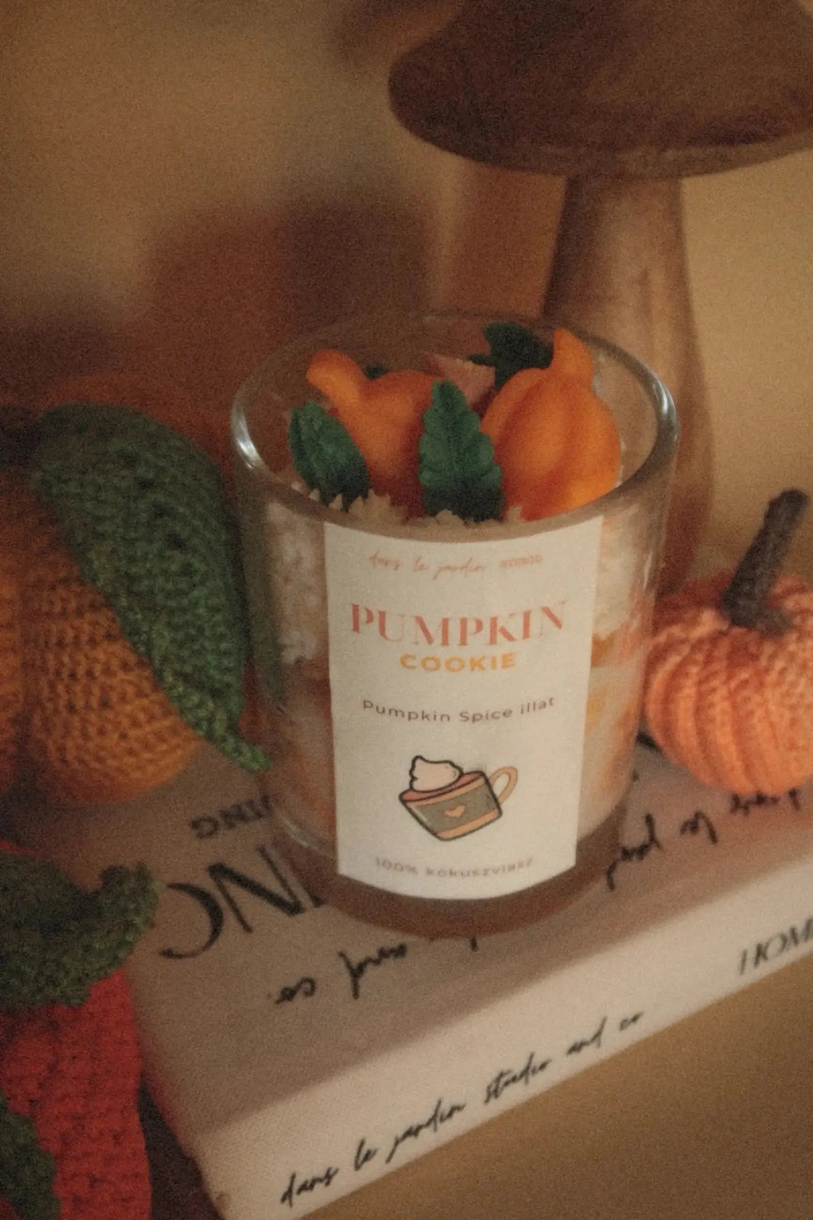 Pumpkin Cookie tégelyes kókuszviasz gyertya dans le jardin.
